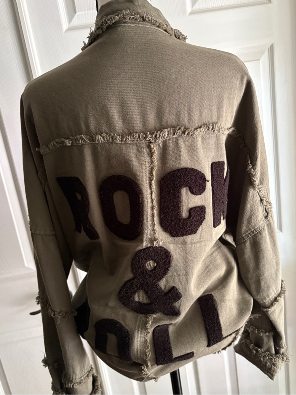 Elan Olive Utility Jacket with BLACK ROCK&ROLL Aplicay